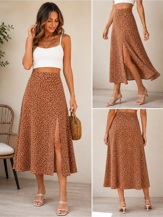 SHEIN Dresses & Skirts - SHIEN Rust Floral Midi Skirt Size L Slit A-Line Flowy